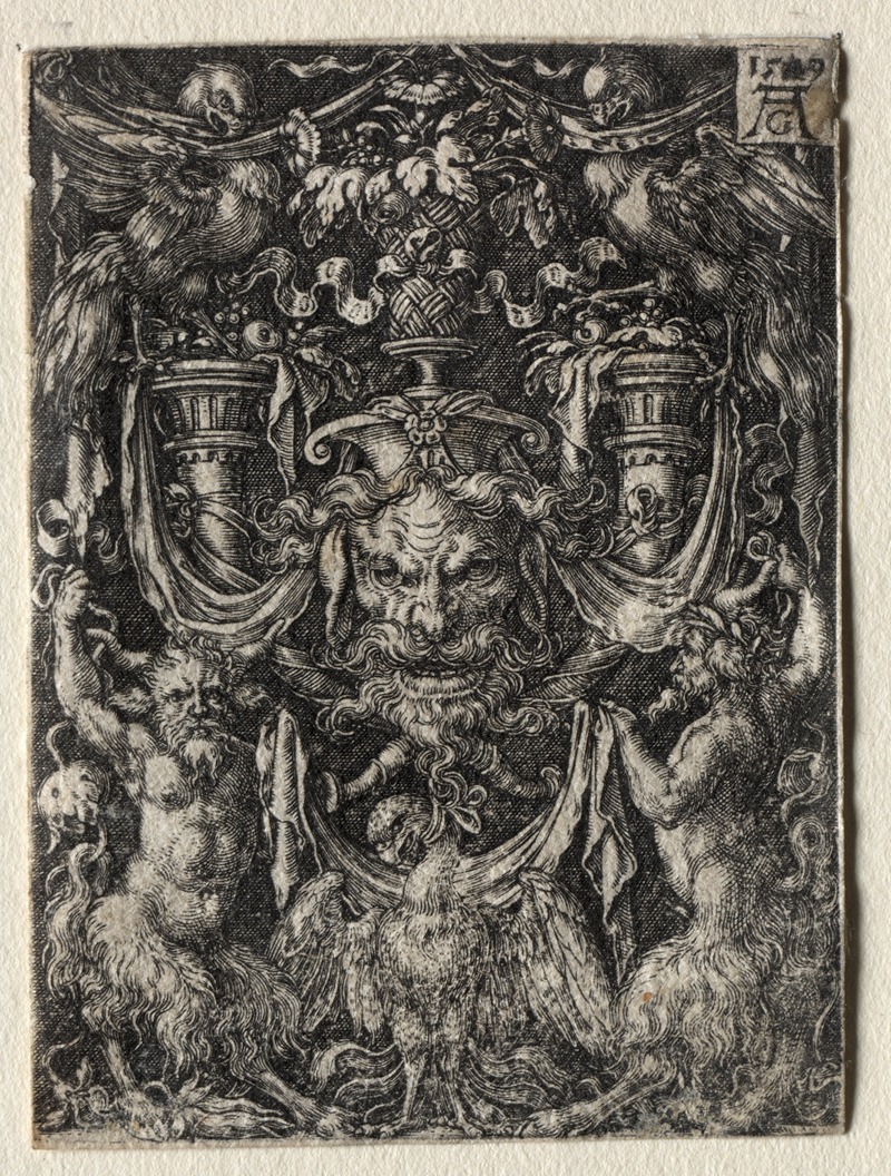 Heinrich Aldegrever - Ornament Design with a Mask and an Eagle between Two Fauns Below