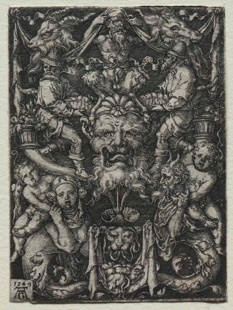 Heinrich Aldegrever - Ornament Design with a Mask, A Couple of Tritons, and Two Children Below