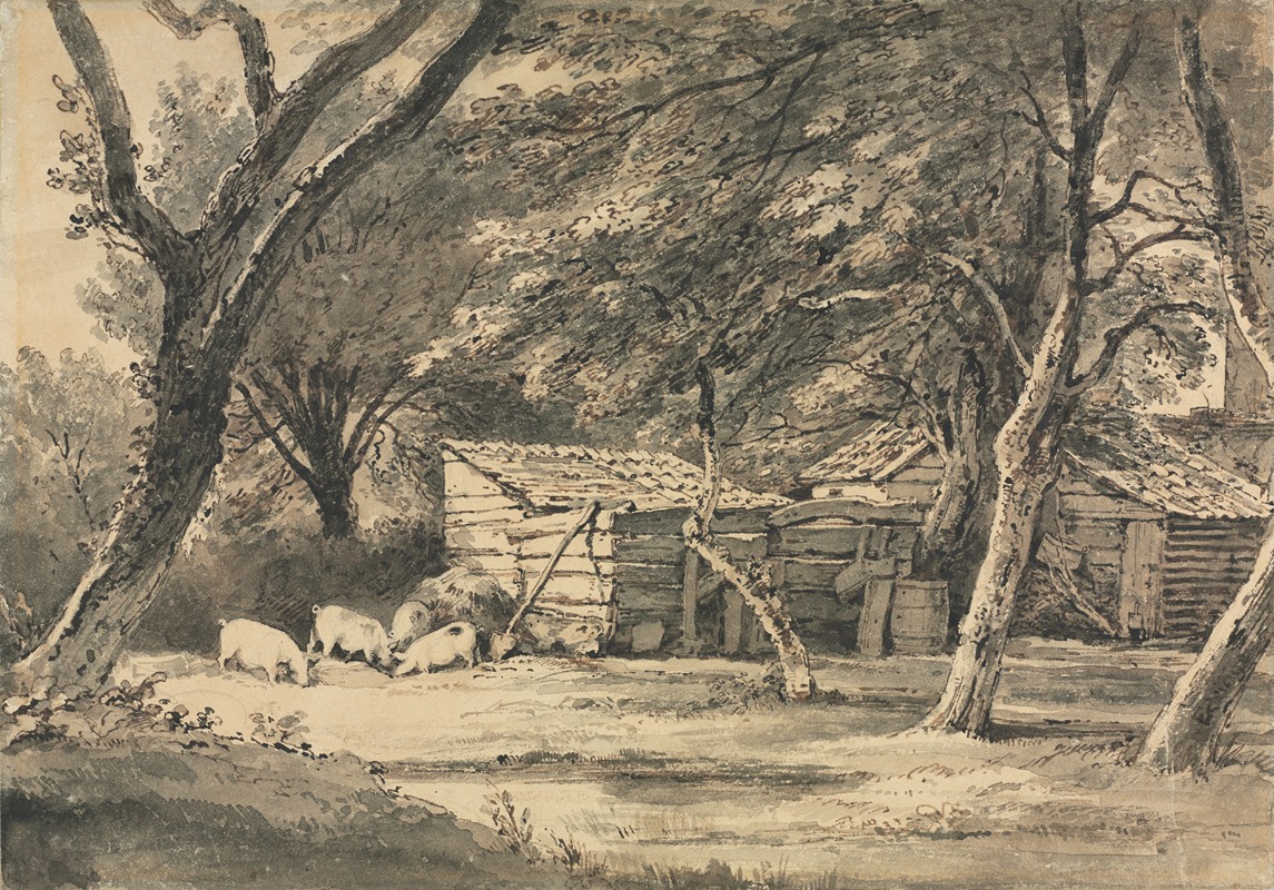 Henry Edridge - Farm with Pigs Foraging