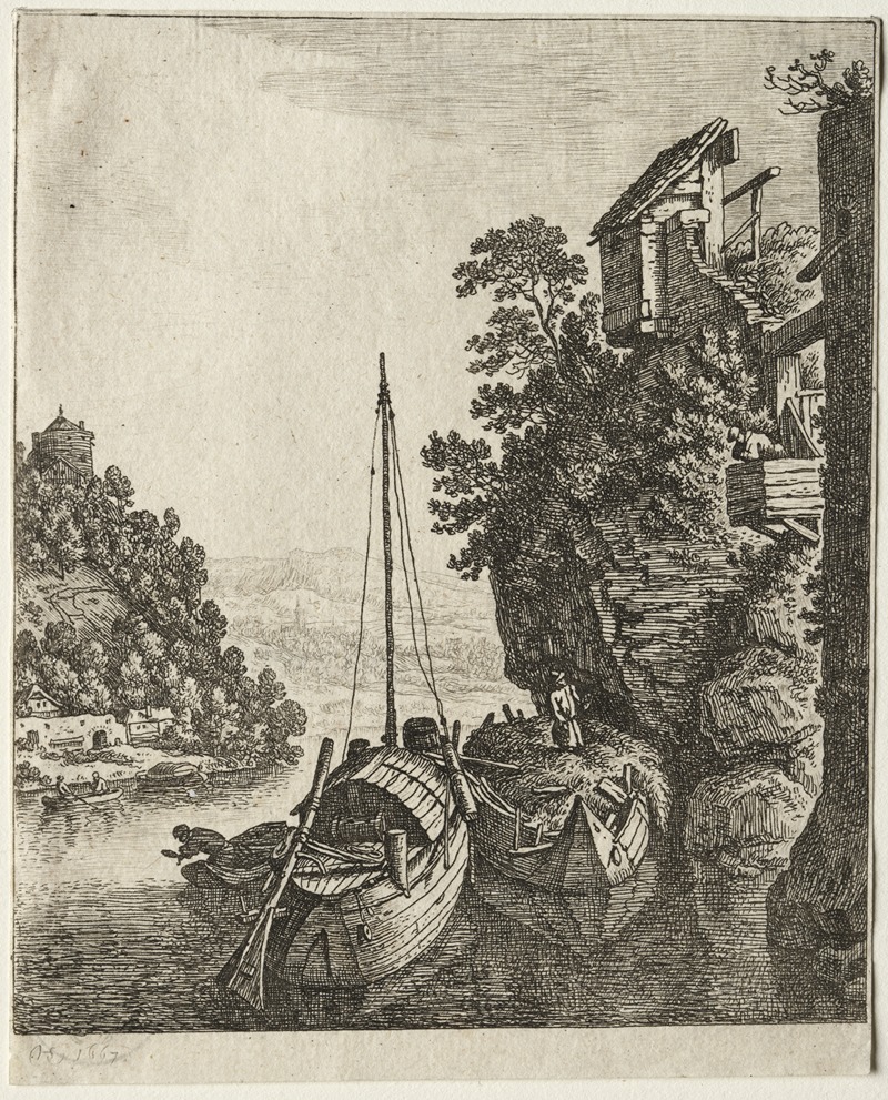 Herman Saftleven - Two Boats moored under a rock