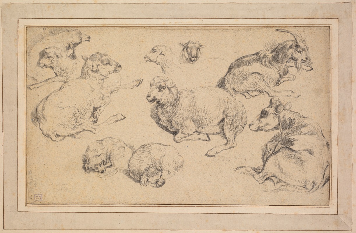 Jean-Baptiste Marie Hüet - Sheet of Studies with Sheep, Goats, and Dogs