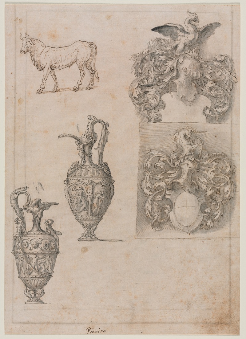 Luzio Romano - Design for Two Vases, Two Coats of Arms, and a Bull