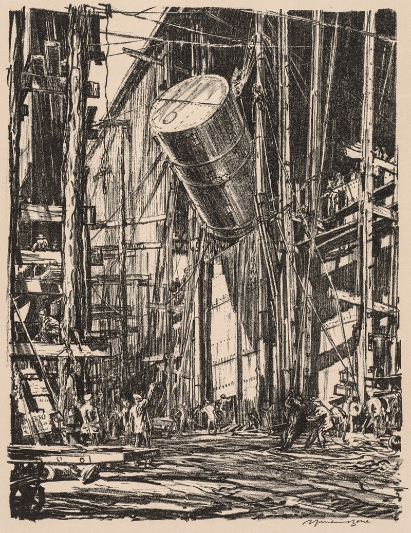 Muirhead Bone - On the Clyde, 1917-1918; Lifting an Oil Tank into a Train Ferry