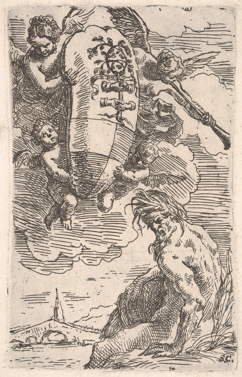 Simone Cantarini - Allegory of the Foglia River and the city of Pesaro’s coat of arms, frontispiece for ‘Il Pesarese’