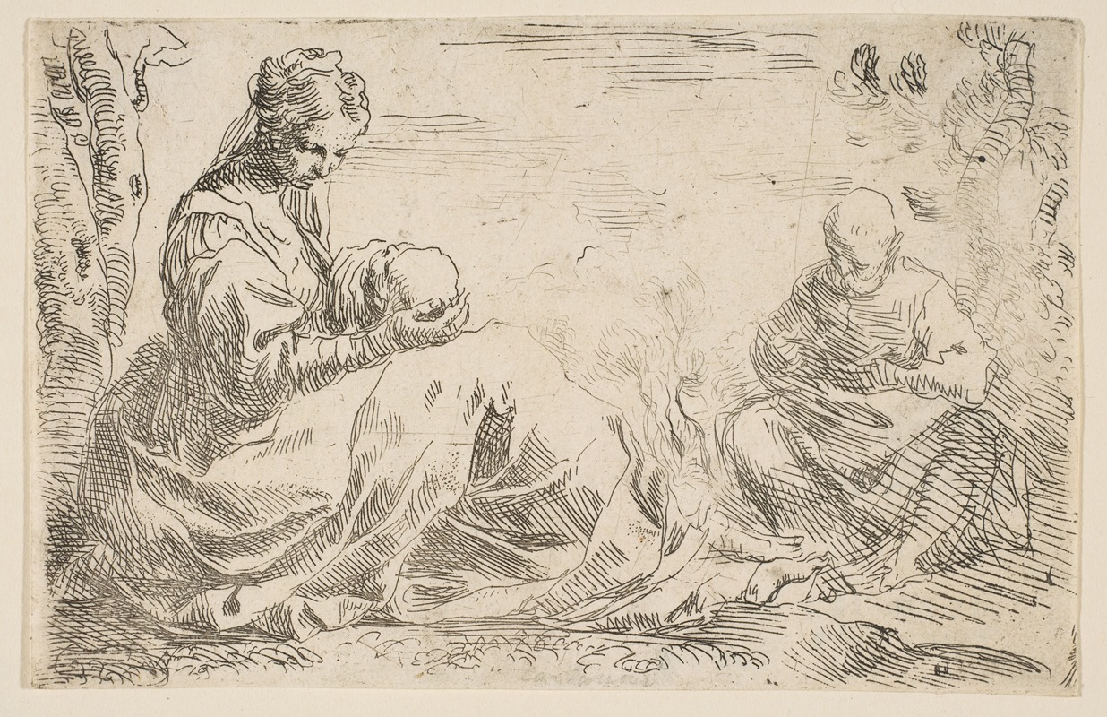 Simone Cantarini - Rest on the flight into Egypt, Mary holding and looking at the infant Christ while St. Joseph reads