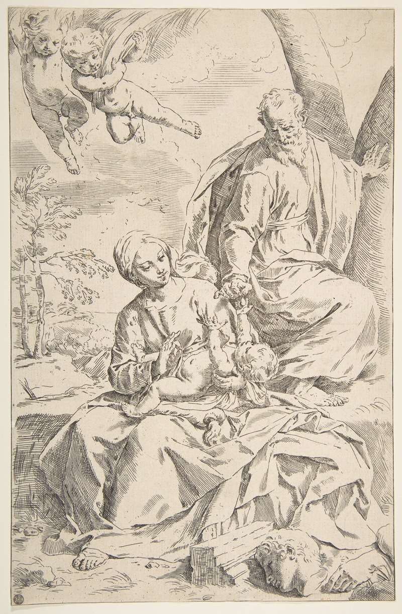 Simone Cantarini - Rest on the flight into Egypt, Mary holding the infant Christ while St. Joseph hands him a fruit