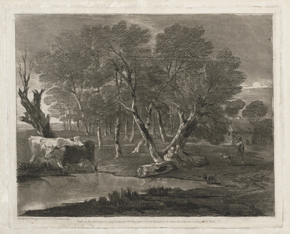 Thomas Gainsborough - Wooded Landscape with Cows beside a Pool, Figures and Cottage