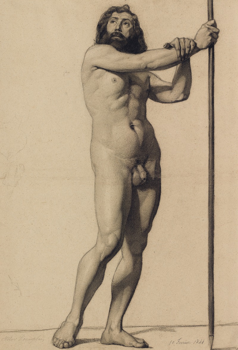 Alfred Stevens - Academic Figure Study; Male Nude Holding A Staff