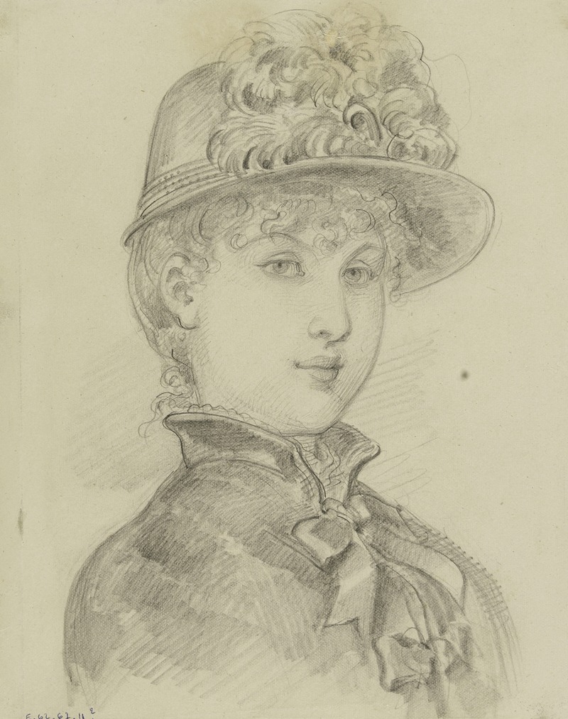 Anaïs Colin-Toudouze - Portrait de femme de trois-quarts avec petit chapeau de plumes et veste à col haut et noeuds sur le devant