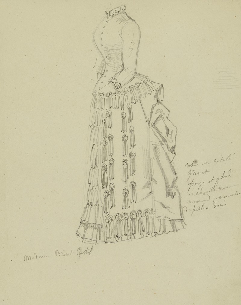 Anaïs Colin-Toudouze - Robe à tournure à col haut avec rangs de volants et pompons sur la jupe Esquisse de robe à tournure avec pompons