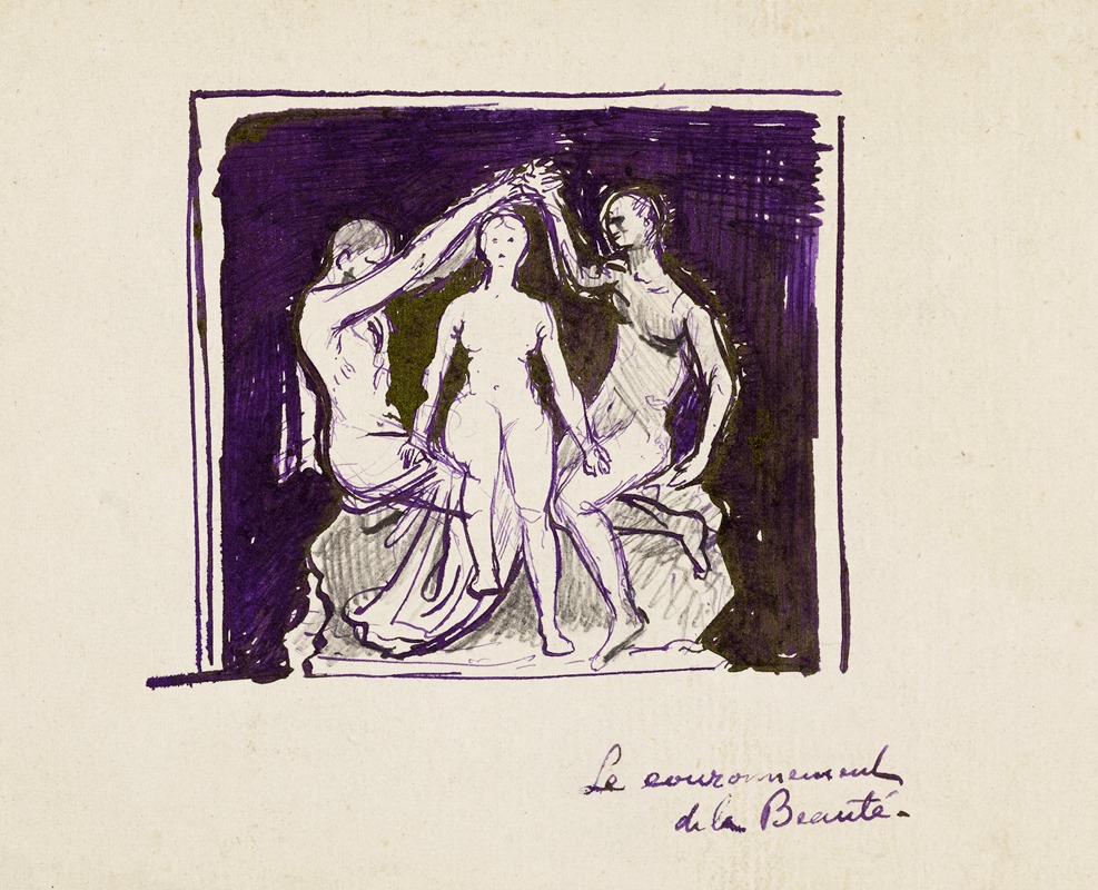 Arthur-Joseph Gueniot - Etude d’une femme nue entourée de deux hommes nus levant les bras au-dessus de sa tête