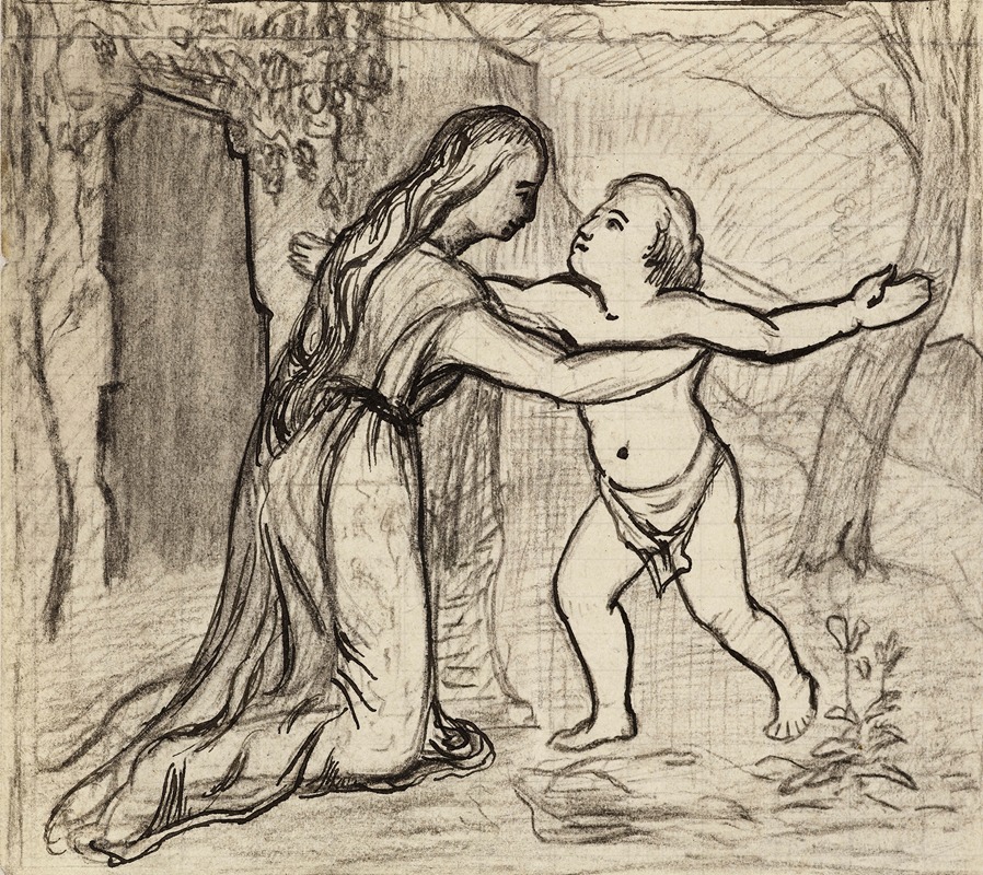 Arthur-Joseph Gueniot - Femme agenouillée devant un enfant, dans un paysage