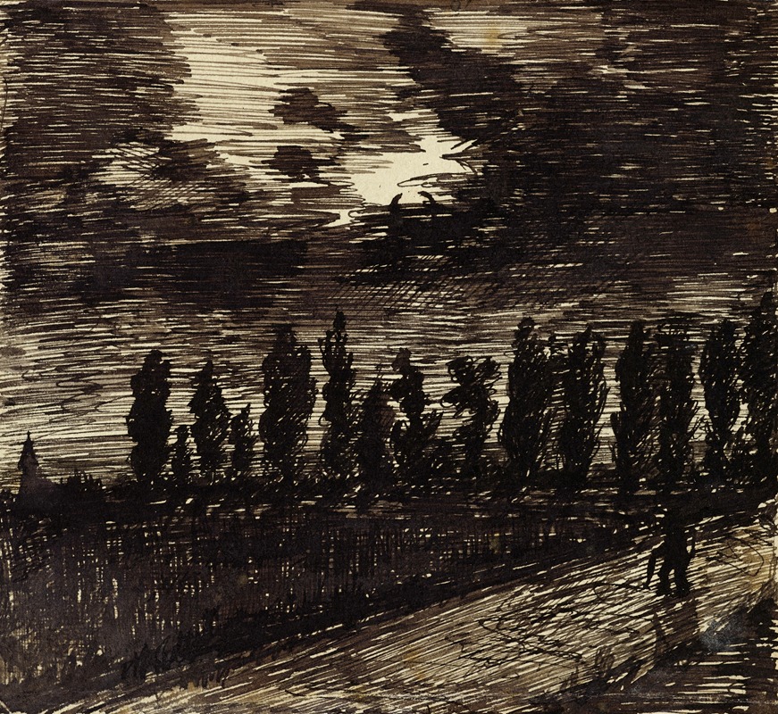 Arthur-Joseph Gueniot - Paysage nocturne avec une rangée de peupliers