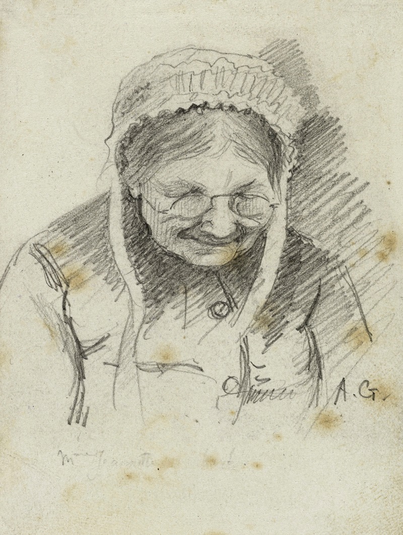 Arthur-Joseph Gueniot - Portrait de femme âgée portant une coiffe et des lunettes, de face, le visage penché en avant