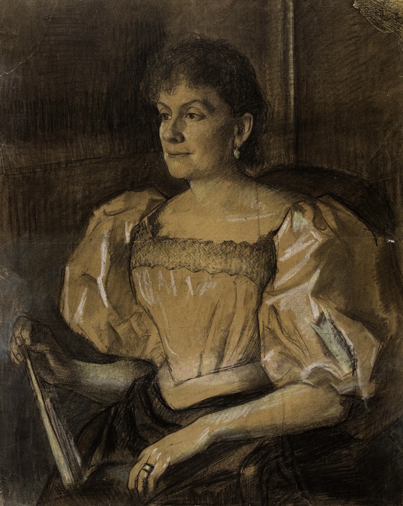 Arthur-Joseph Gueniot - Portrait de femme assise de trois-quarts vers la gauche, tenant un éventail dans la main droite