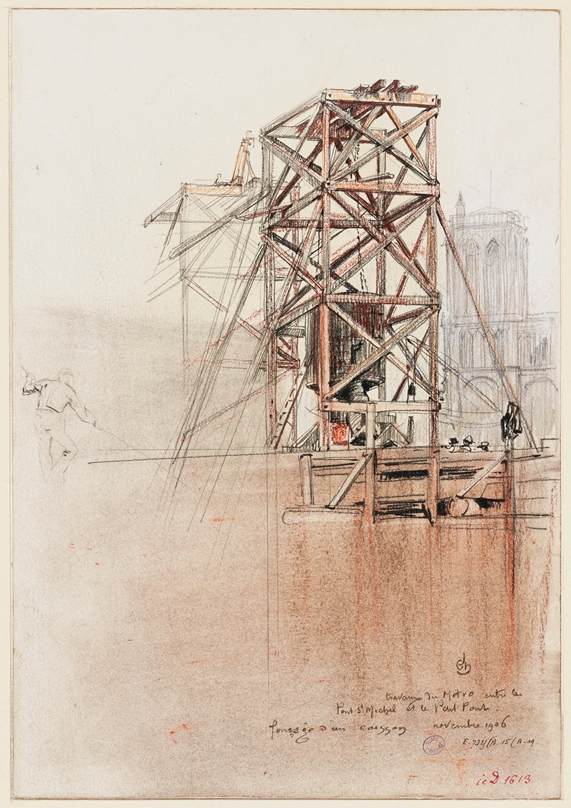 Charles Jouas - Travaux du métro entre le pont Saint Michel et le Petit Pont, 1906 fonçage d’un caisson