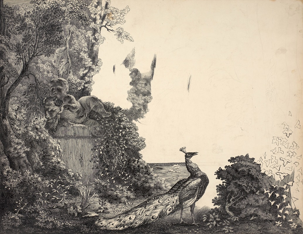 Félix Bracquemond - Peacock and statue of a child in a landscape