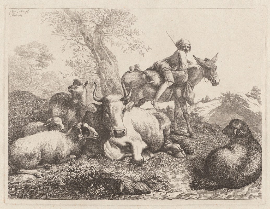 Francesco Londonio - Boy on a Donkey Watching over a Group of Animals