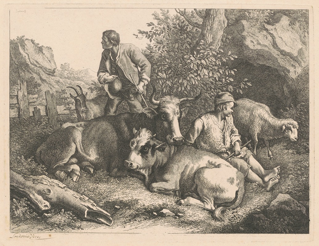 Francesco Londonio - Two Shepherds with a Cow and Calf