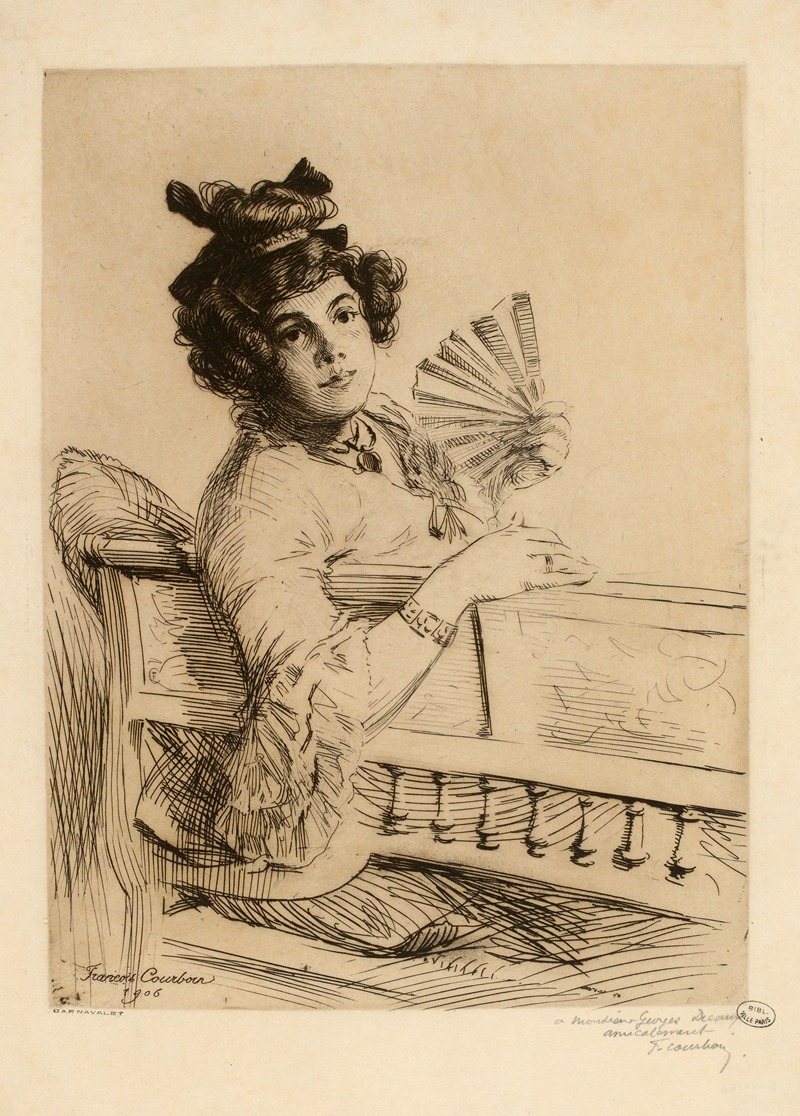 François Courboin - Jeune femme assise sur un banc, tenant un éventail de la main gauche