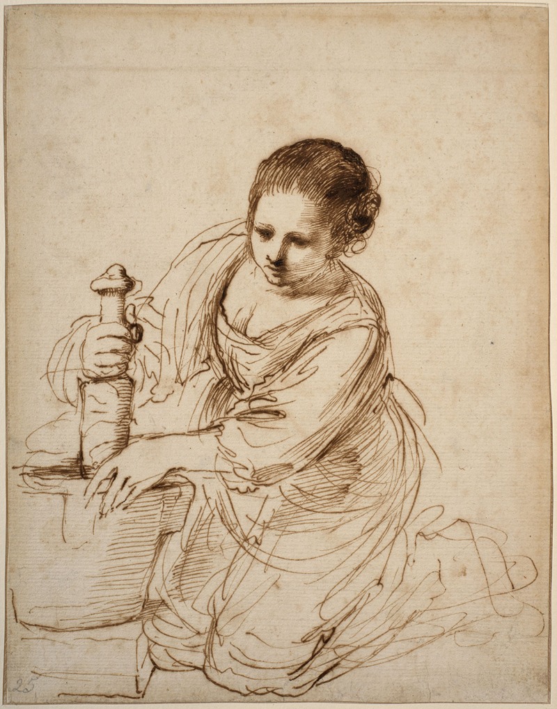 Guercino - Woman on her knees holding a pestle and a mortar