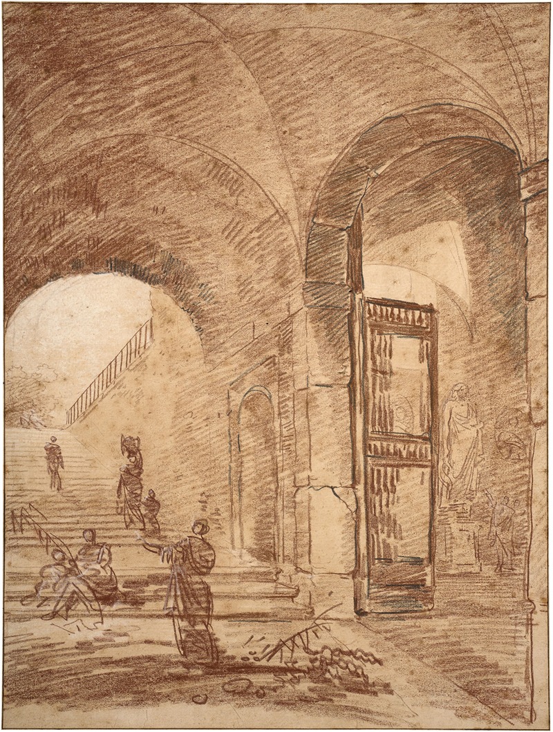 Hubert Robert - Figures under arches, probably of the Palazzo Corsini, Rome