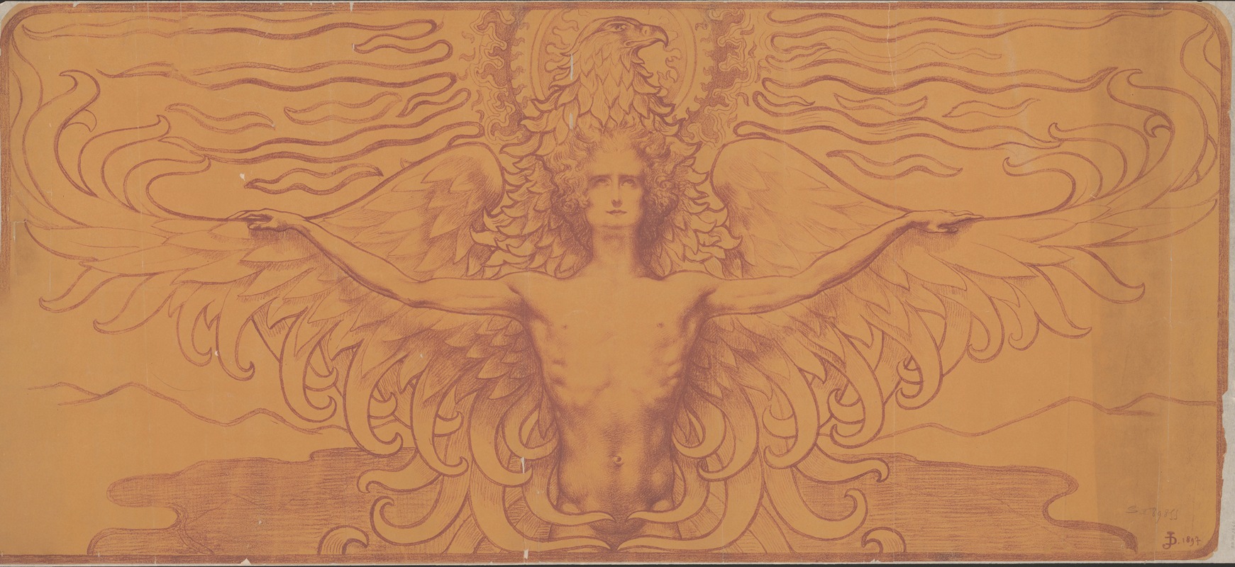 Jean Delville - Young man with outstretched arms on the wings of an eagle