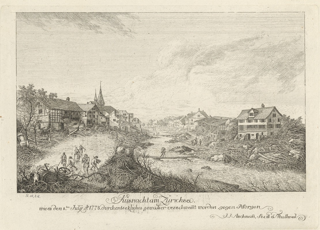 Johann Jakob Aschmann - Küsnacht am Zürichsee wie es den 8ten Julÿ Anno 1778 durch entsetzliches gewässer verschwemmt worden gegen Morgen