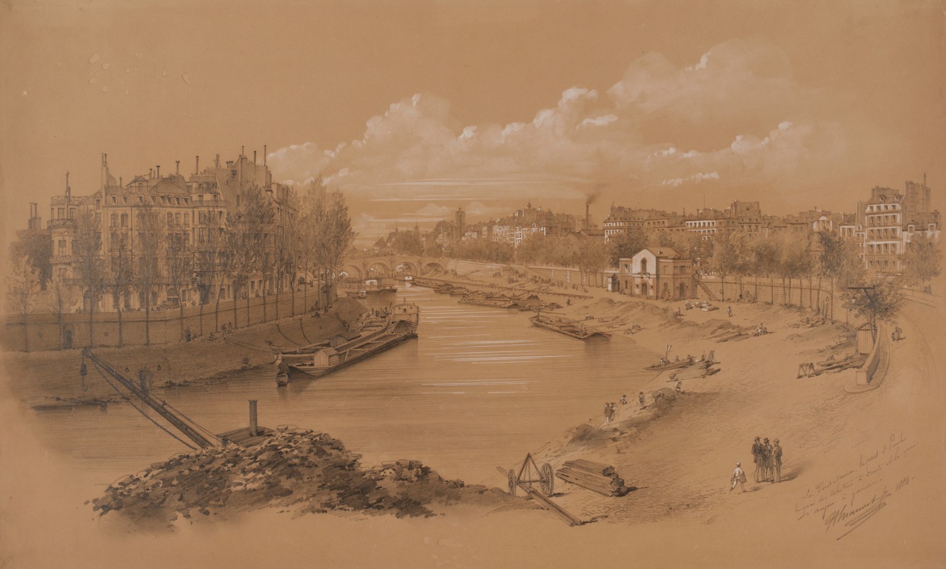 Jules-Adolphe Chauvet - Le port Saint-Paul (absorbé par le port des Célestins en 1905), le Pont-Marie, le quai des Célestins à droite et le quai