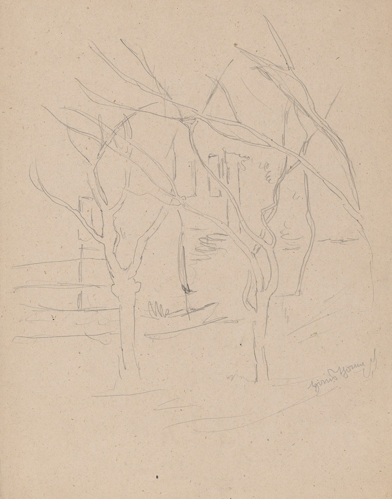 Hans Thoma - Crossing Tree Limbs Against the Background of Rural Buildings