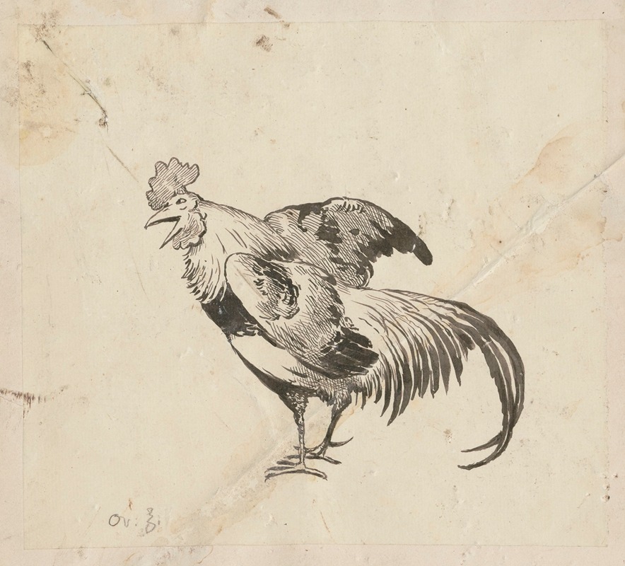 Hans Thoma - Crowing rooster with outspread wings