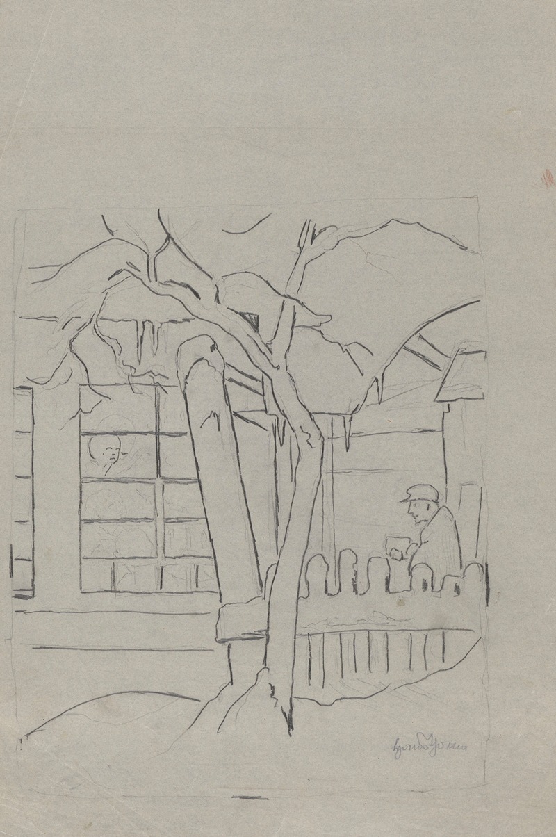 Hans Thoma - Farmhouse with a Tree, a Fence, and a Man in a Hat Standing Behind Them