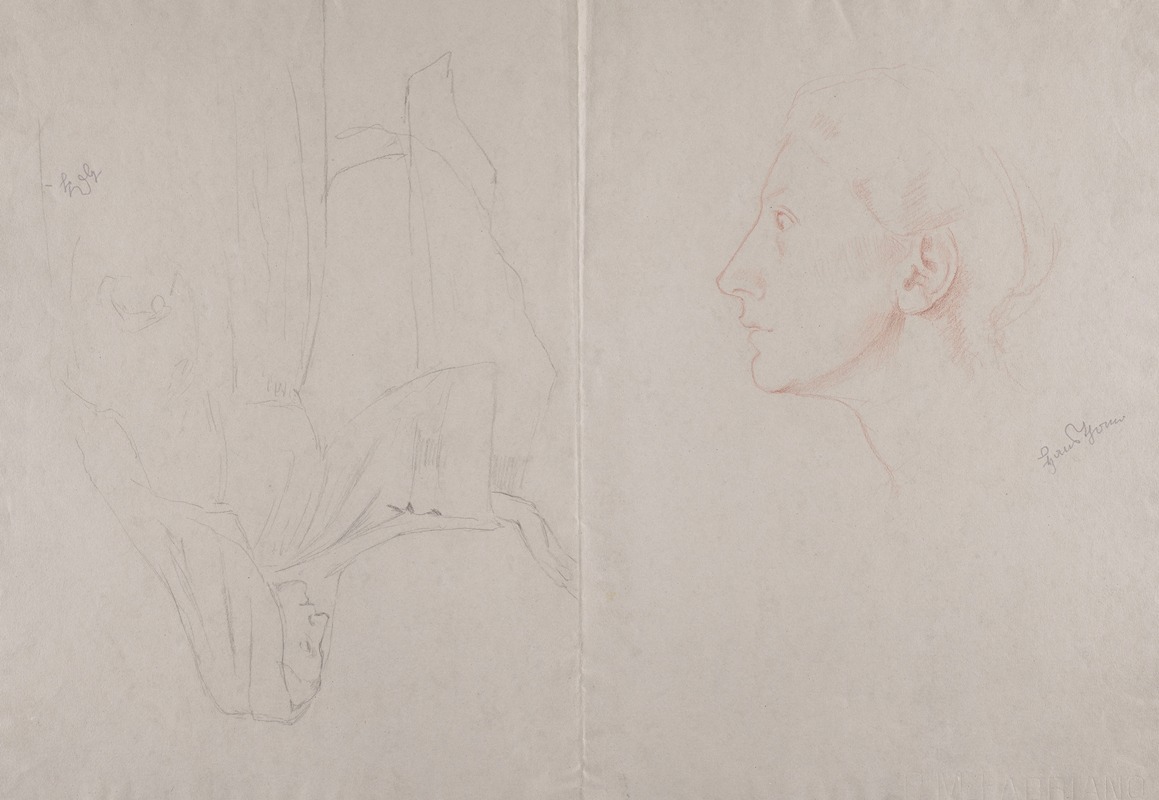 Hans Thoma - Female Head in Profile. Woman in a Long Robe and a Head Scarf