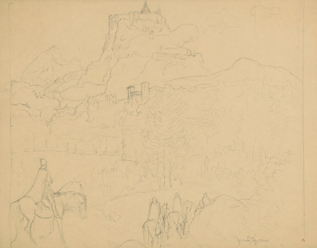 Hans Thoma - Knights of the Holy Grail on their way to a castle on a high hill