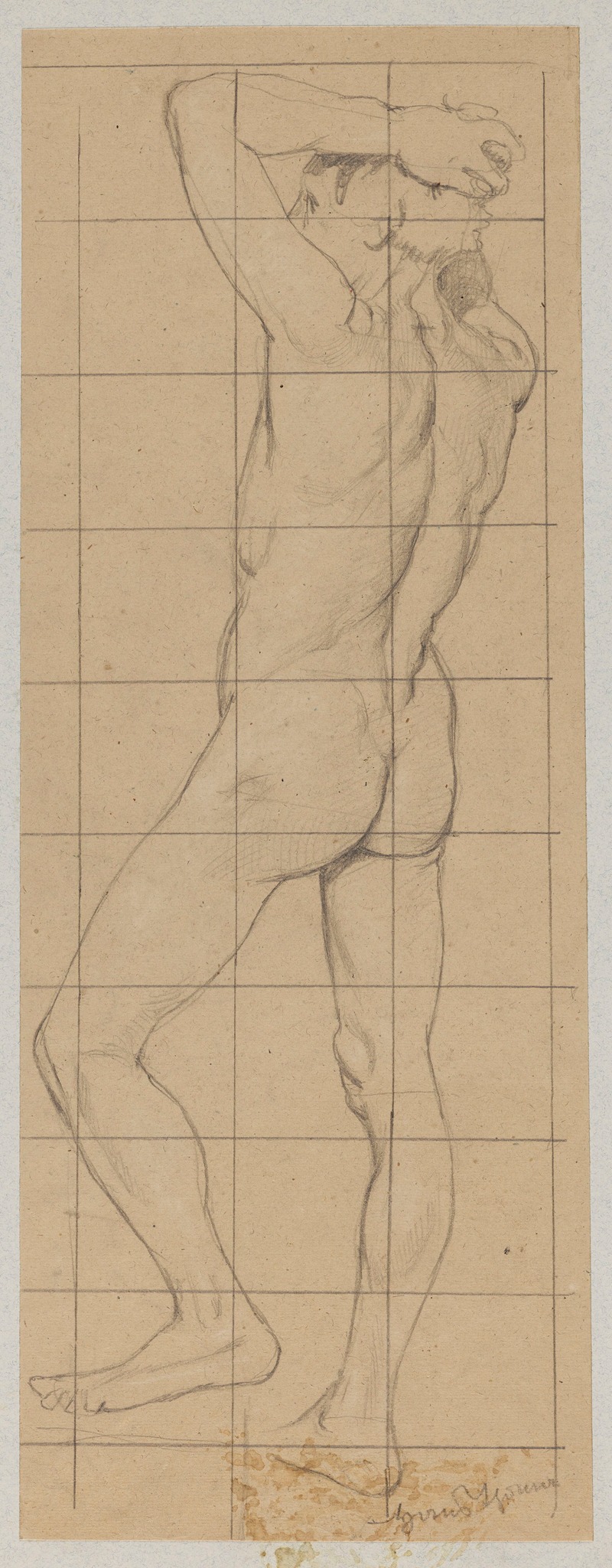 Hans Thoma - Male Nude Standing with Back Turned and Hands Clasped on His Head