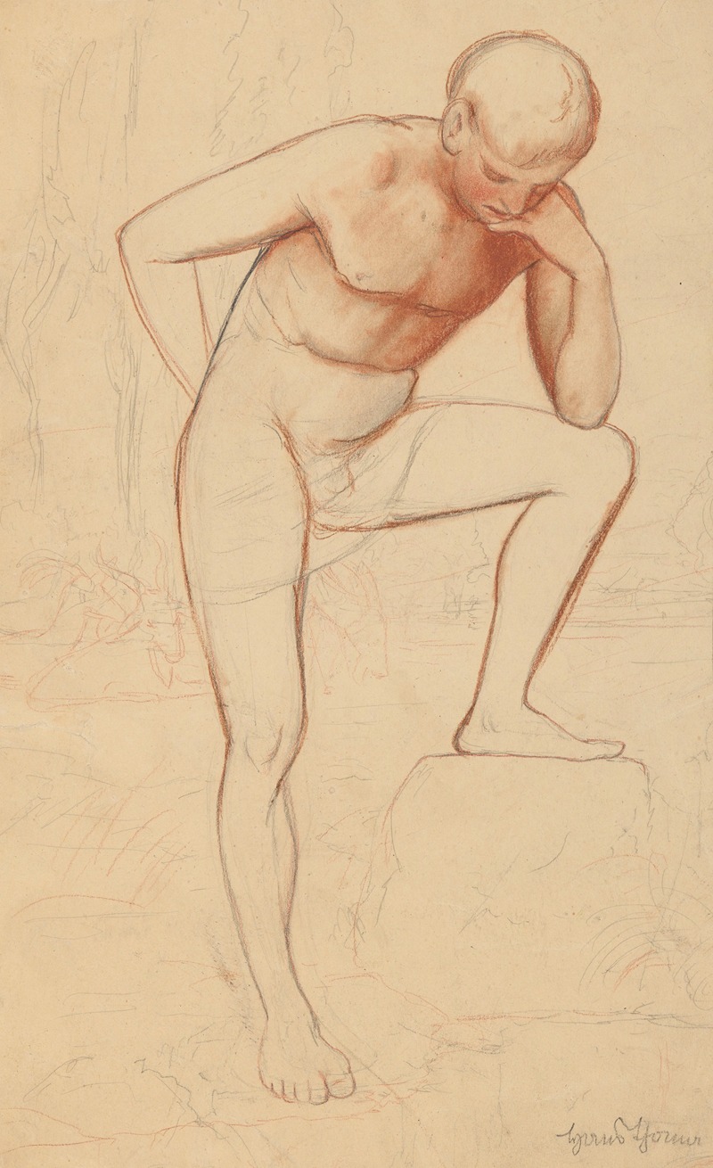 Hans Thoma - Male Nude Study Against the Background of a Landscape