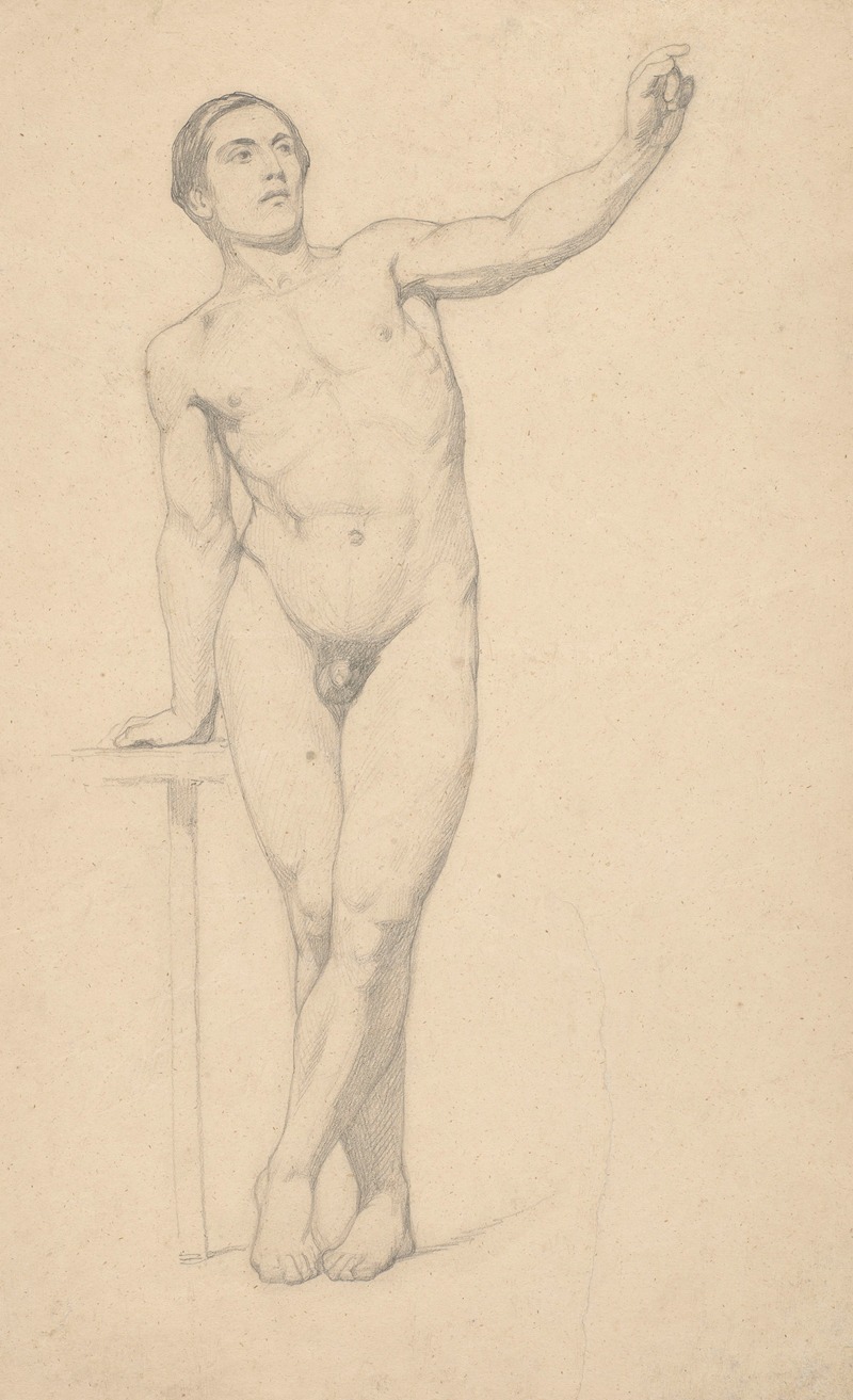 Hans Thoma - Male Nude with His Left Hand Raised