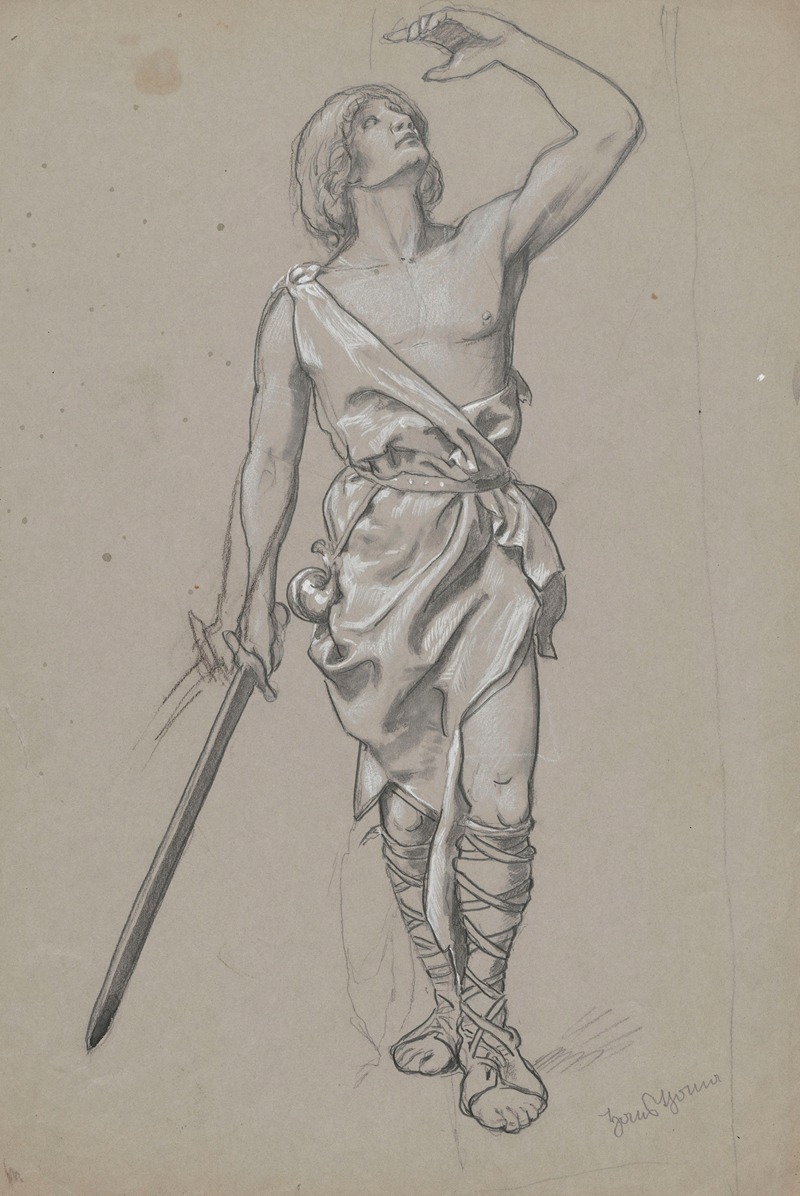 Hans Thoma - Man in a robe with uncovered torso, hunting horn by his side and a sword in his right