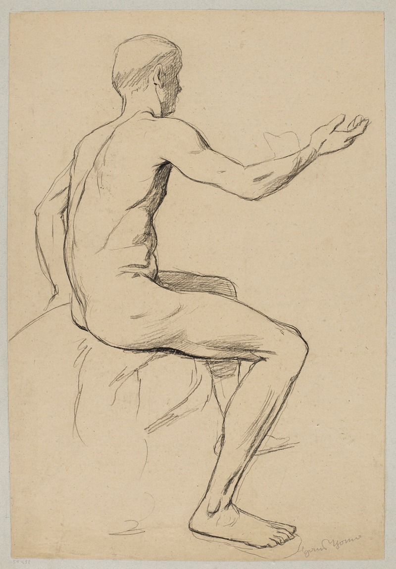 Hans Thoma - Nude Male Sitting with His Right Hand Extended, Shown in Profile