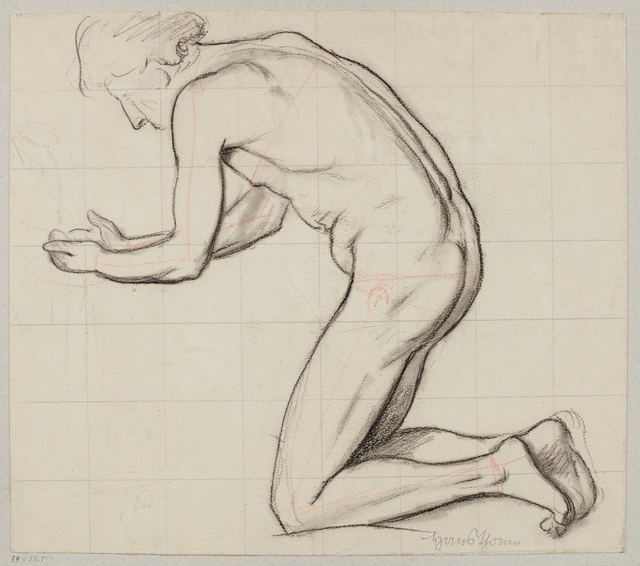 Hans Thoma - Nude Young Male Kneeling by a Stream and Scooping Water with His Hands