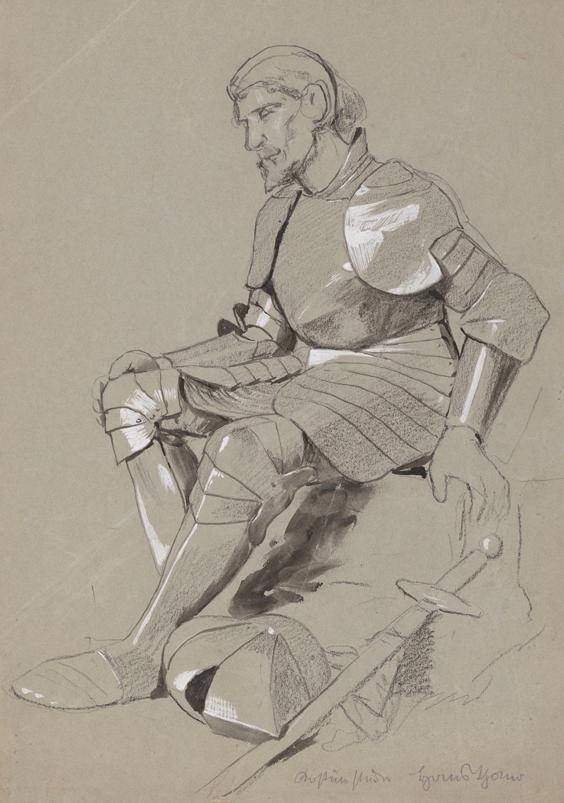 Hans Thoma - Seated Knight in Armour, with a Sword and a Helmet Lying at His Feet