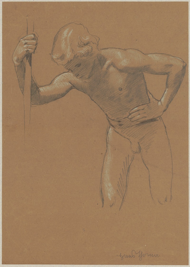 Hans Thoma - Sketch of a naked boy leaning forward