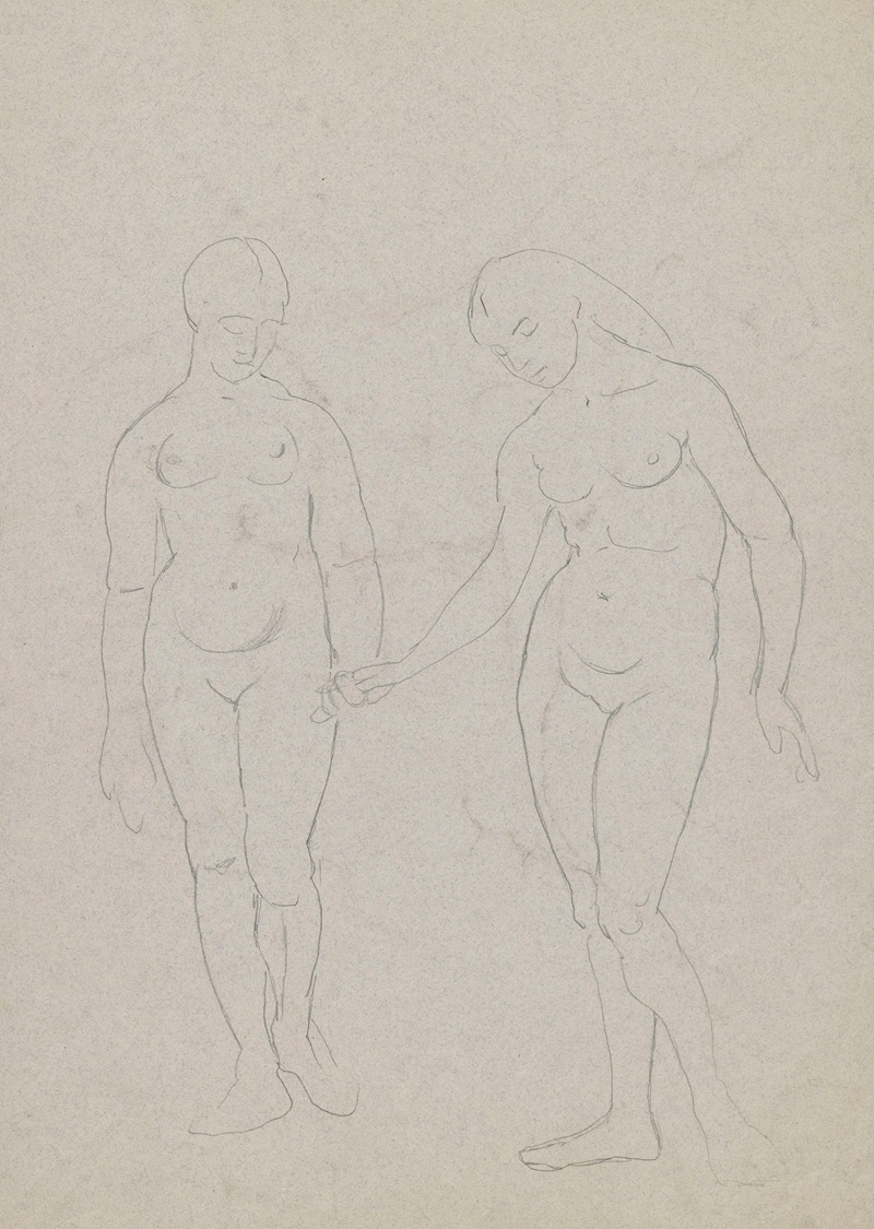 Hans Thoma - Sketch of a naked young man on horseback, depicted in profile. Horse head in the back