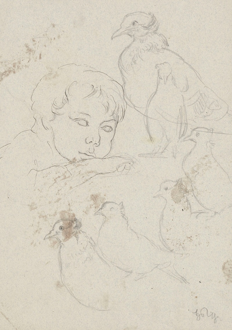 Hans Thoma - Study of a boy resting his head on his hand, depicted to the arms.