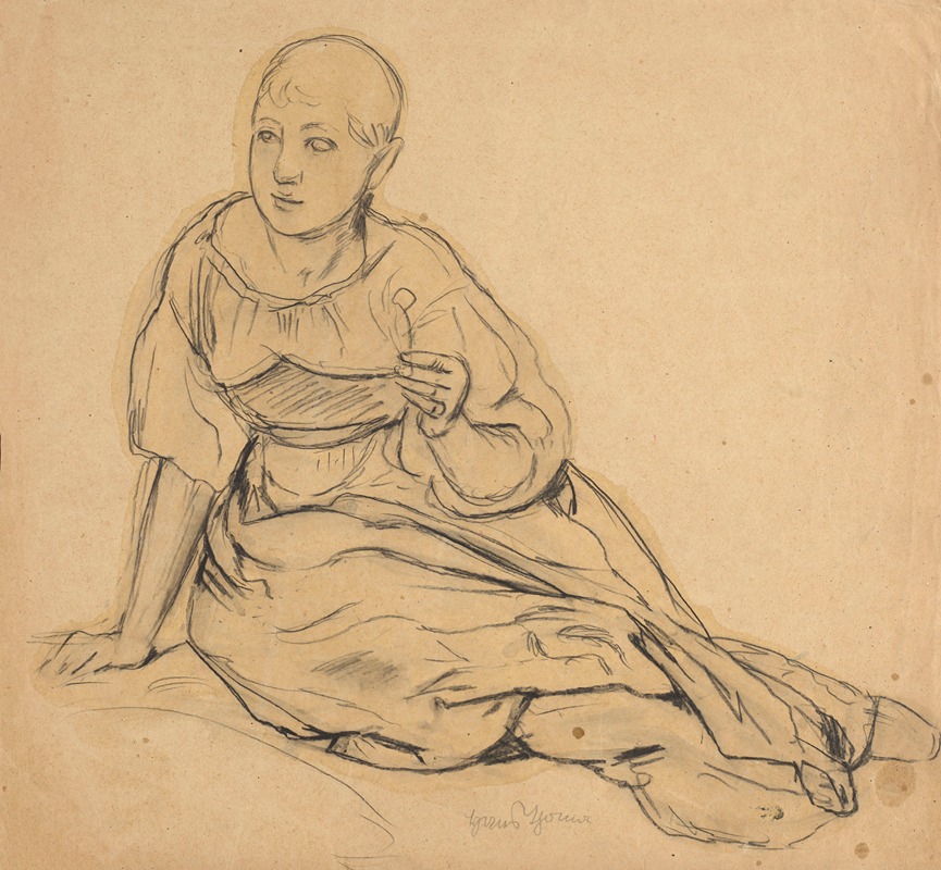 Hans Thoma - Study of a girl sitting on the ground