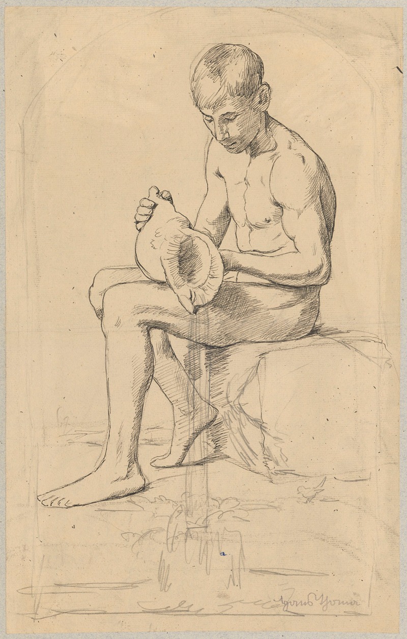 Hans Thoma - Study of a naked boy sitting on a stone and pouring water out of a shell