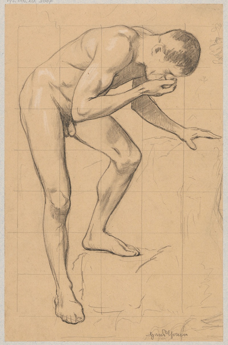Hans Thoma - Study of a naked man leaning over a spring and drinking water