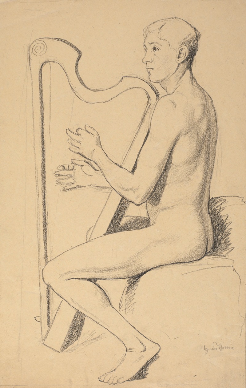 Hans Thoma - Study of a Nude Young Man Playing the Harp