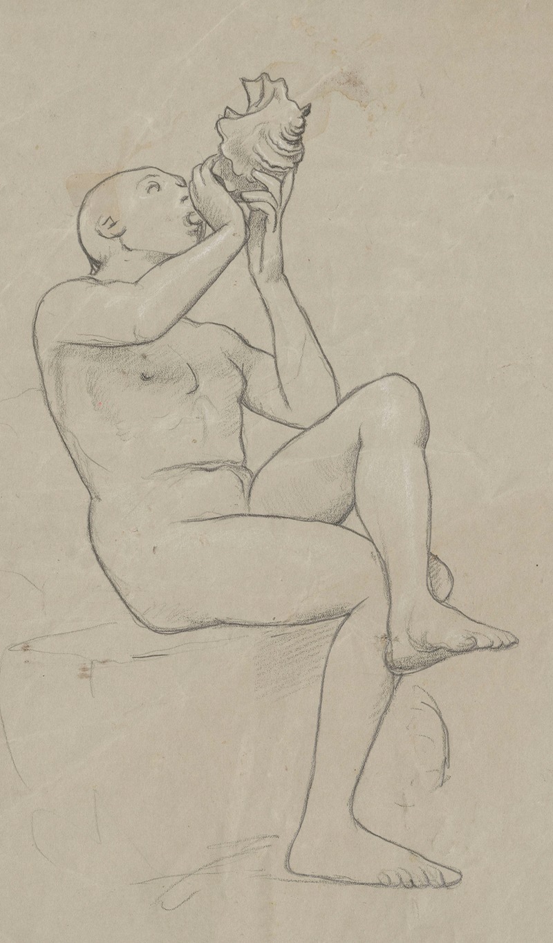 Hans Thoma - Study of a sitting naked man with his legs crossed, blowing a shell