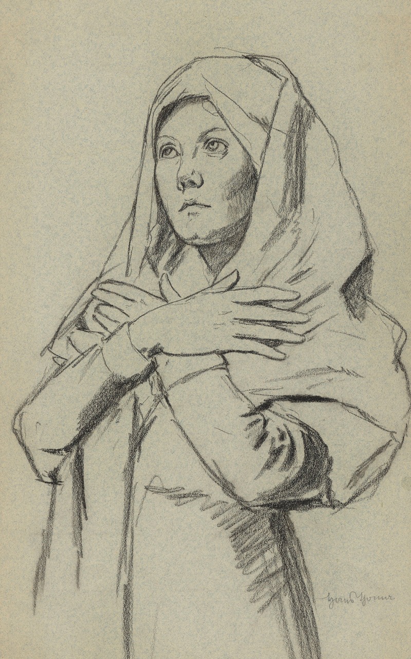Hans Thoma - Study of a Young Woman in a Long Shawl, with Her Arms Crossed on her Chest